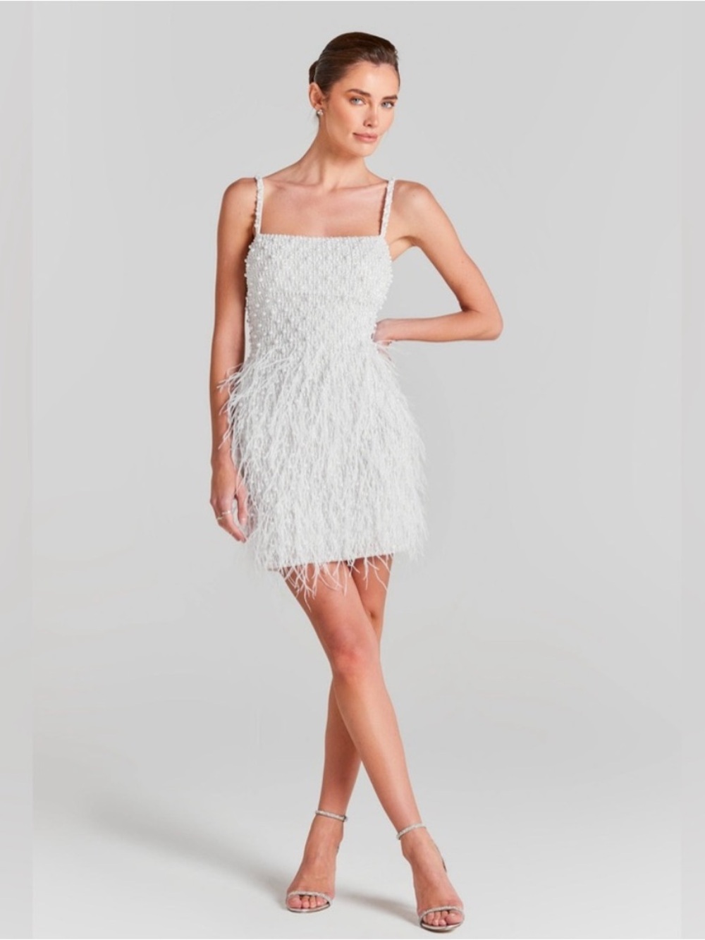 NADINE MERABI White Feather & Bead Mini Dress